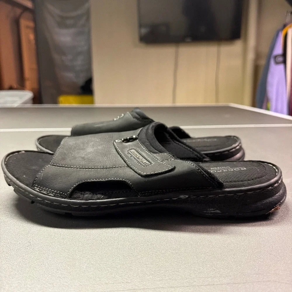 Rockport Darwyn Slide Black Leather Mens Sandals truTECH CI5687 Size 9.5 W
